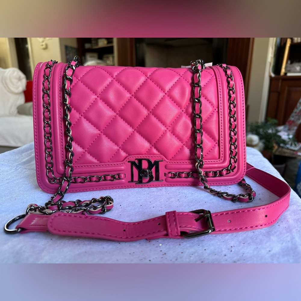 NWT, Badgley Mischka HOT PINK vegan leather pocketbook. Long crossbody strap.